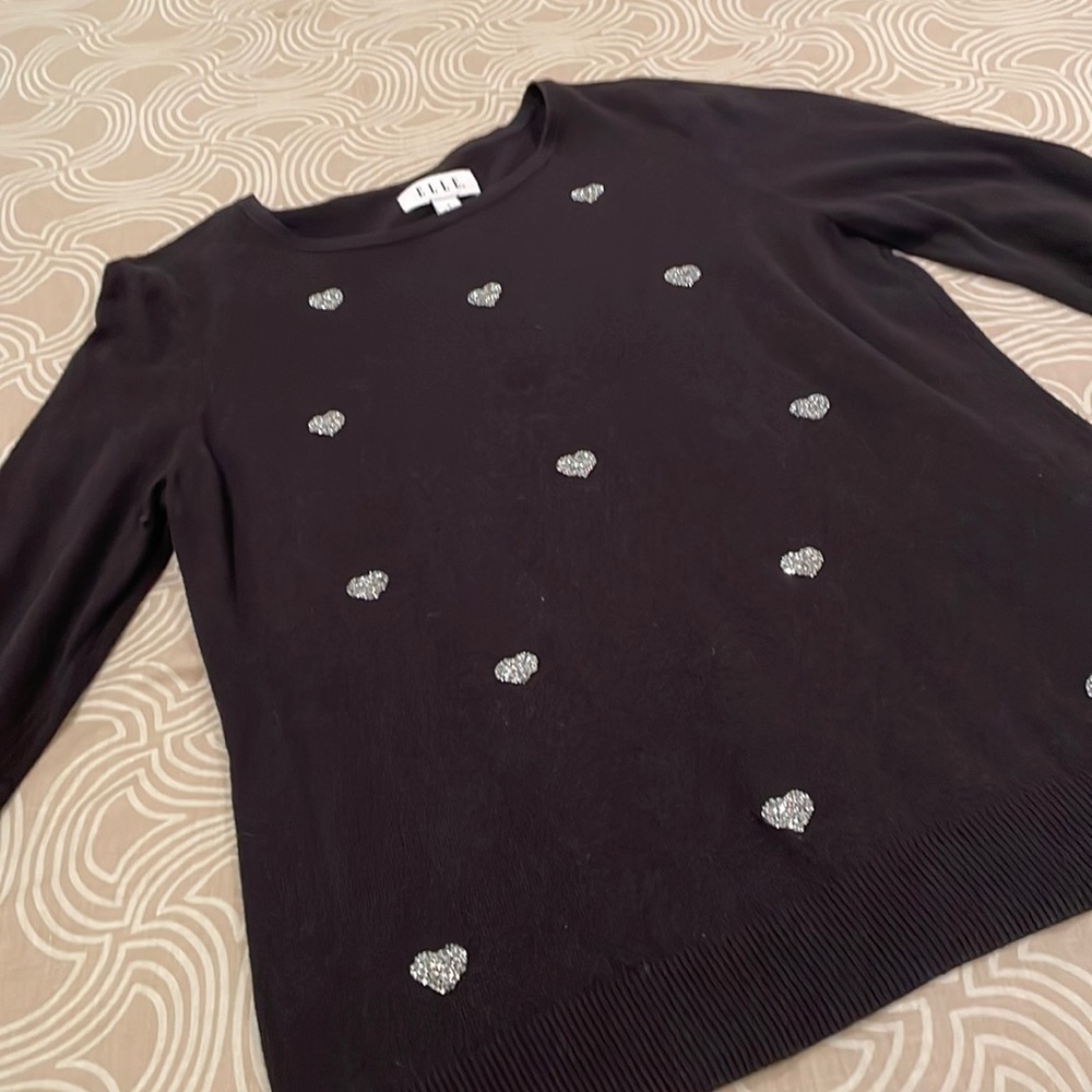 Elle sweater, black, sequined hearts, cotton blend, L